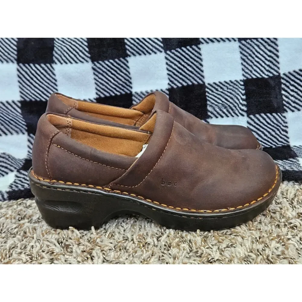 b.o.c Born Concept Brown Leather Comfort Clogs Women’s 7 Wide Slip On Shoes